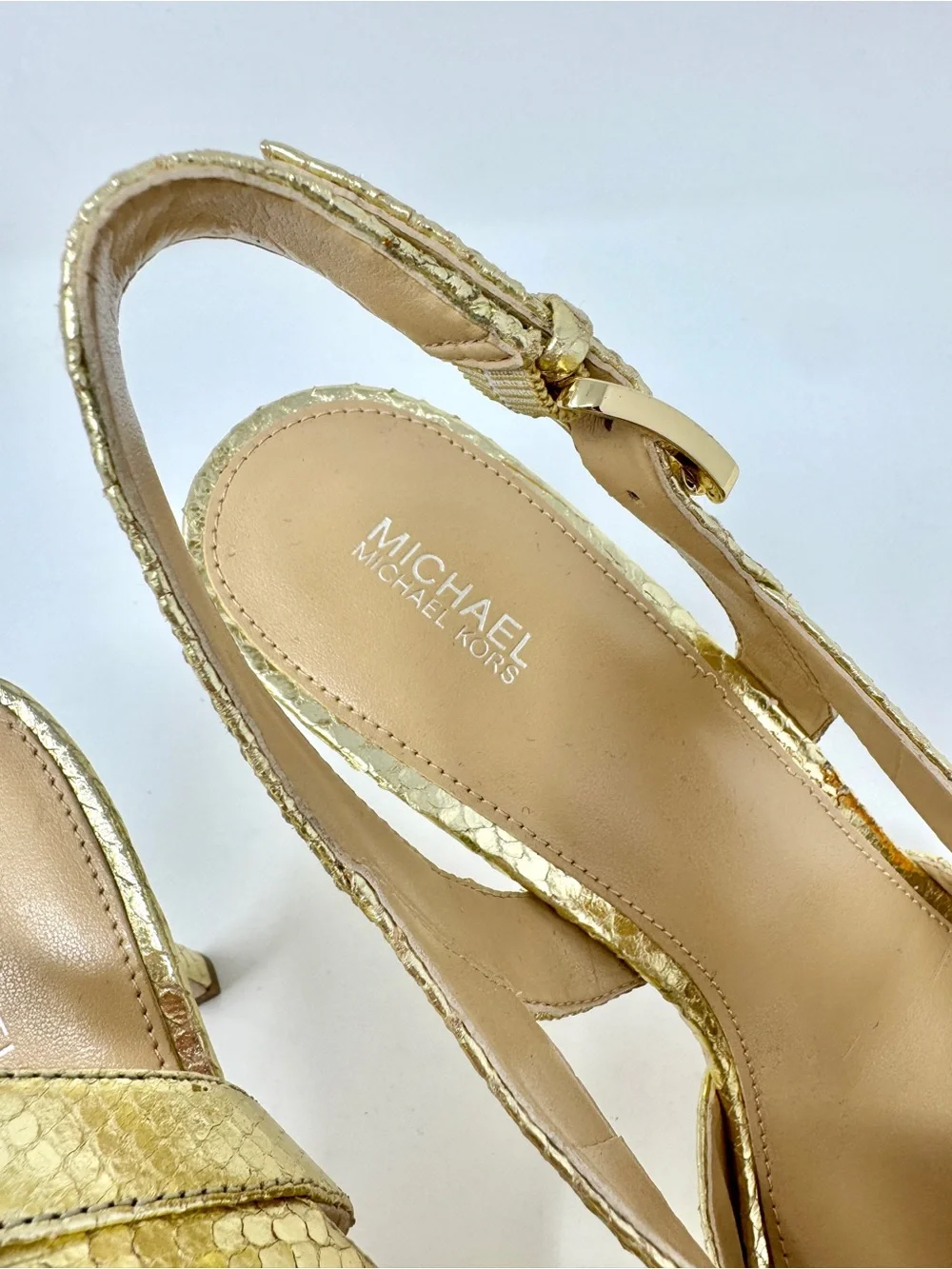 Michael Kors Gold Metallic Snake Embossed Slingback Heels Sandal Size 10 - Picture 6 of 10